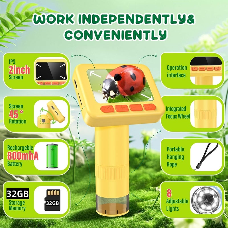 IMICHI Microscope for Kids 50X-1000X 2 inch IPS HD Screen, 32GB Storage Card, 1080P Video, 2-Hour Battery Life, Easy Carry, Slides Included - Perfect Science Kit Gift for Kids Ages 8-12 Yellow - Image 2